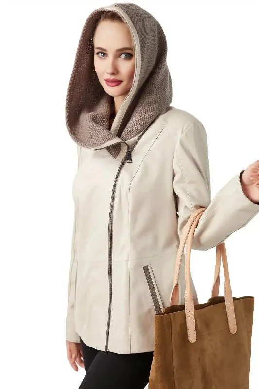 Sandra Beige Hooded Leather Jacket For Women