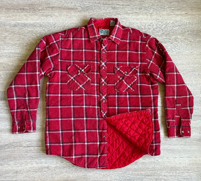 Large - Vintage 90s Outdoor Exchange Quilt Lined Red/White/Blue Plaid Flannel Button-Up Shirt / Jacket / Shacket