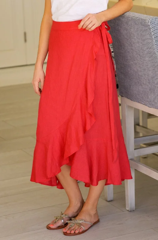 April Linen Wrap Skirt | Hot Red