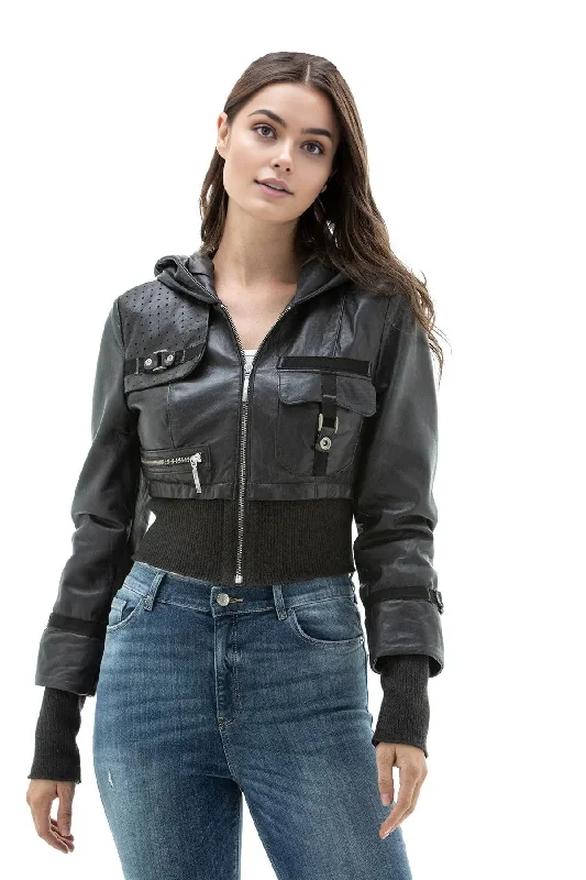 Lydia Black Women Bomber Short Hoodie Leather Jacket