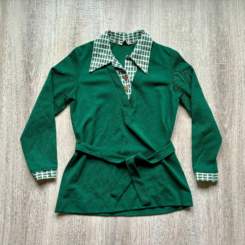 Small - Vintage 70s Green Polyester Leisure Jacket w/Faux Undershirt & Belt