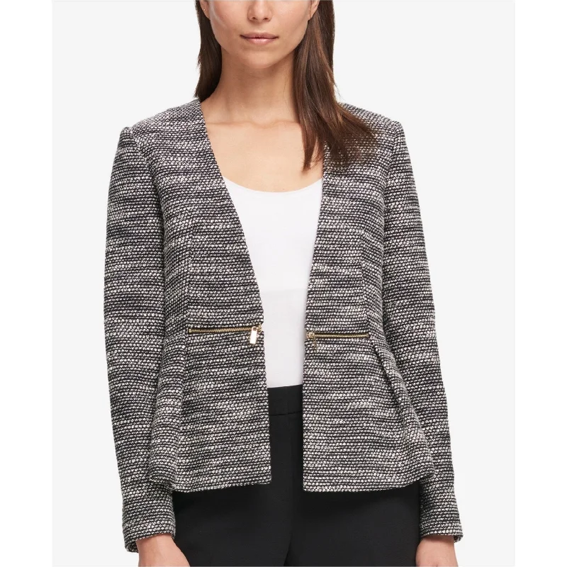 DKNY Womens Open Front Tweed Blazer Jacket, Black, 10