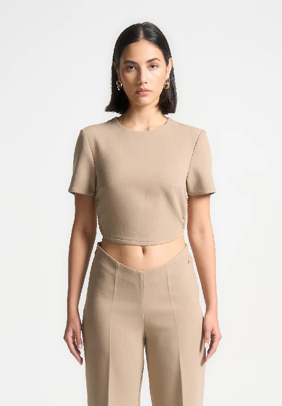 Curved Hem Backless Top with Tie - Dark Beige