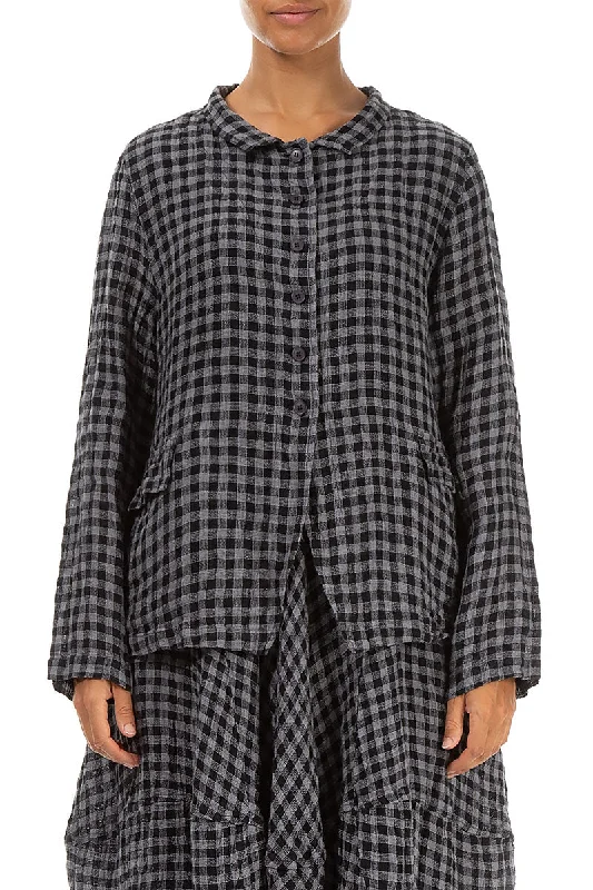 Buttoned Grey Check Linen Jacket