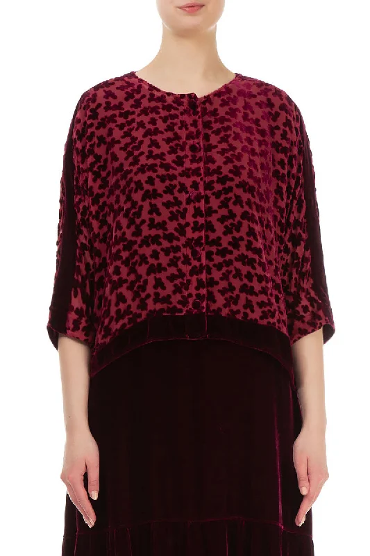 Boxy Devoré Petals Claret Silk Velvet Jacket