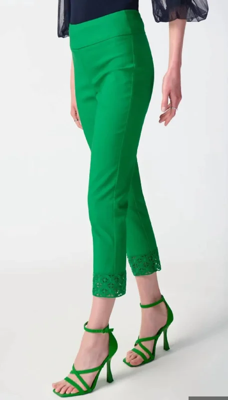 Embroidered Cutout Cuff Cropped Pant In Island Green