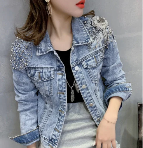 Europe Station New Shoulder Rivet Denim Jacket Women s Short Slim Jacket Three Dimensional Flower Top