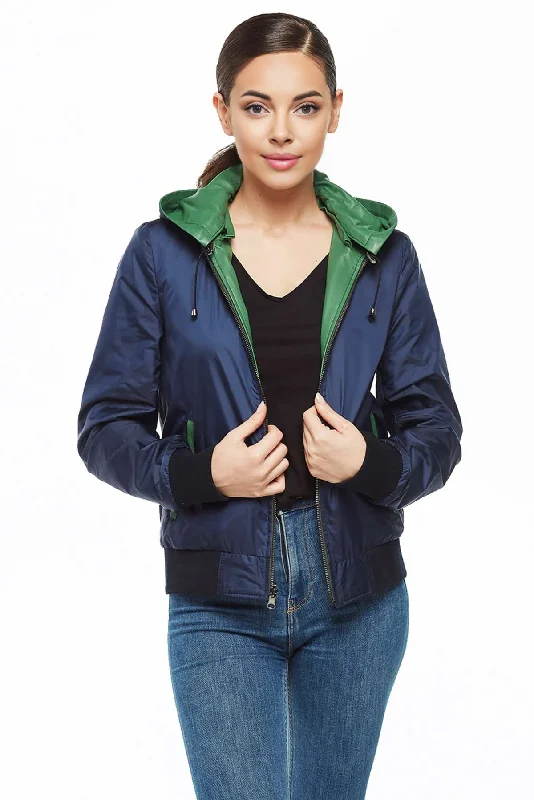 Lauren Blue Leather Jacket With Hoodie For Women