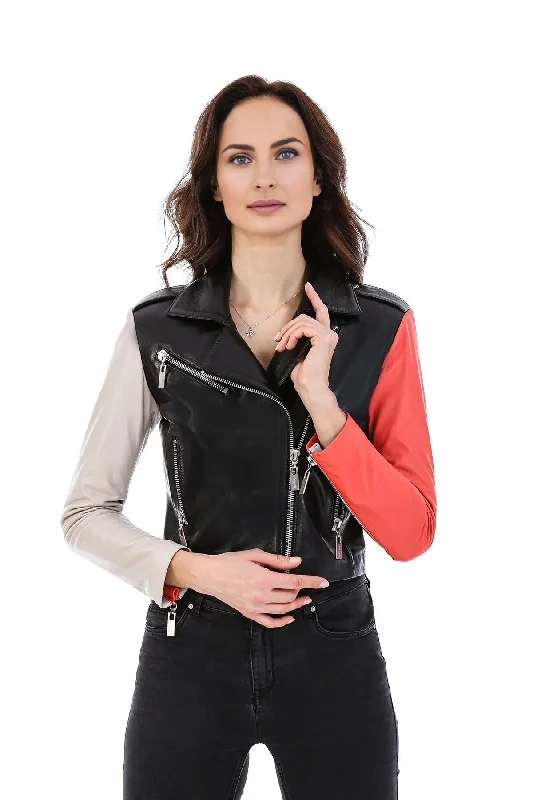 Gabriella Women Black Leather Jacket With Stylish Sleeves