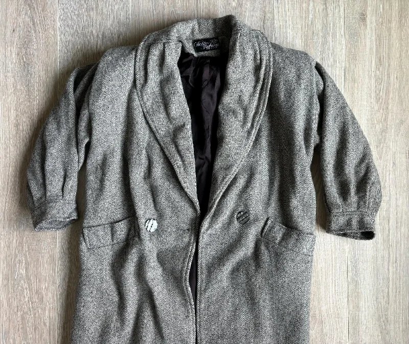 Womens Vintage 80s Herringbone Top Coat / Overcoat (Size Med/Lrg)