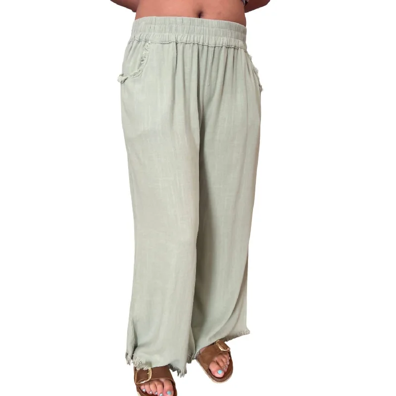 Wide Leg Pants With Fray Hem In Sage