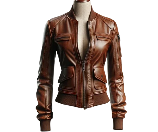 Brown Bomber Leather Jacket For Women