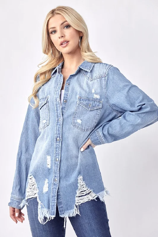 RISEN Button Up Distressed Denim Shirt