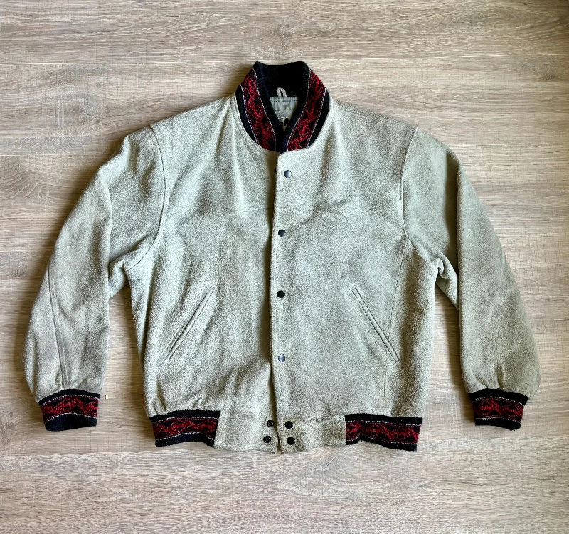 Large - Vintage 90s Pioneer Wear Gray Surde Leather / Aztec Western Rodeo Bomber Jacket