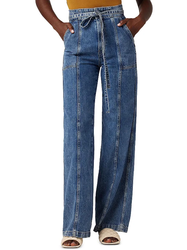 Womens Belted Denim Wide Leg Jeans