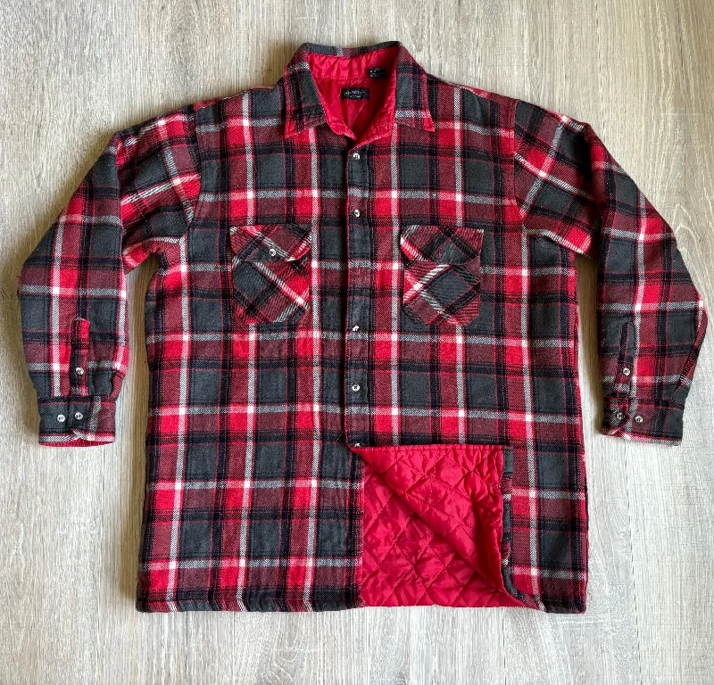 Large - Vintage 90s Quilt Lined Red/Black/Gray Plaid Flannel Button-Up Shirt / Jacket / Shacket