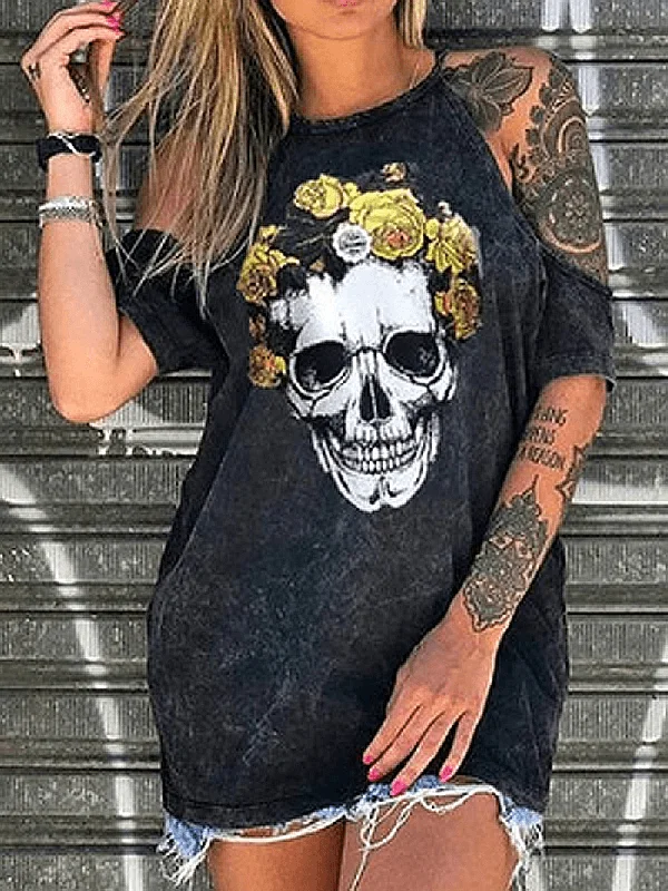 Designer Skeleton Floral Print Casual T-Shirts for Women