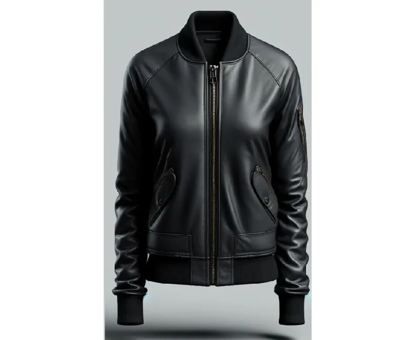 Black Bomber Leather Jacket For Women