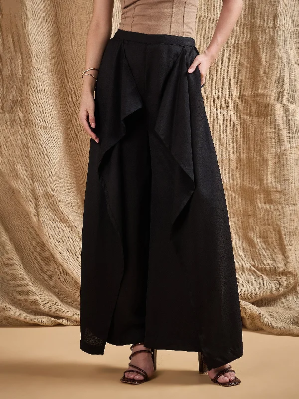 Women Black Front Frill Pants