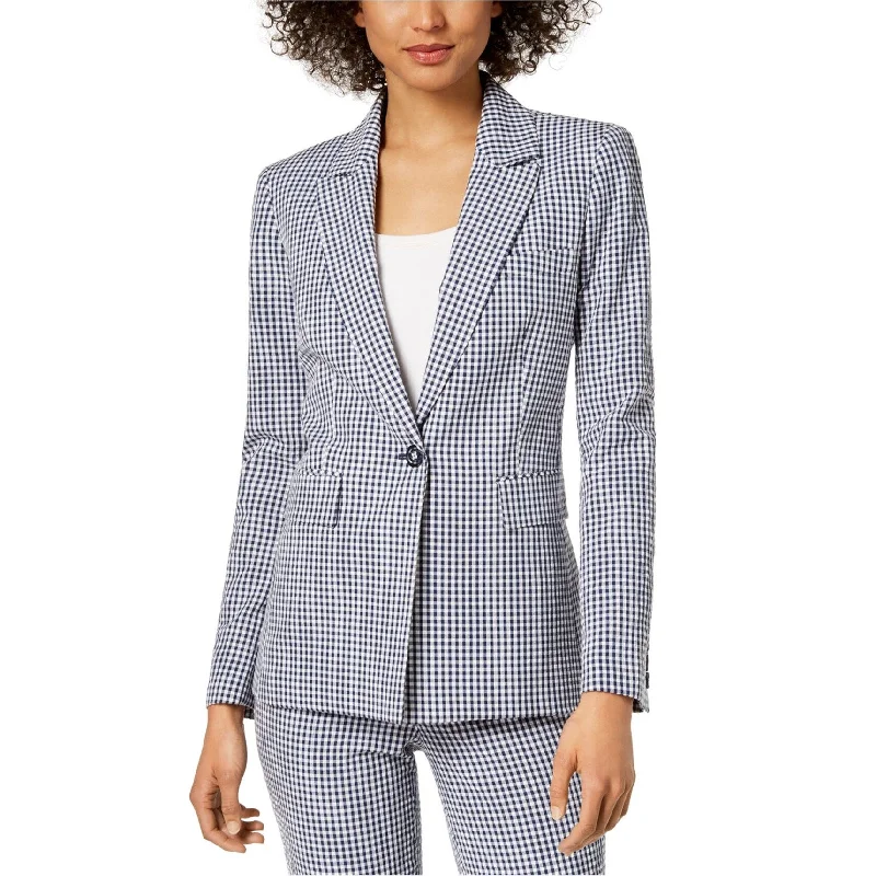 Nine West Womens Gingham Print One Button Blazer Jacket, Blue, 4