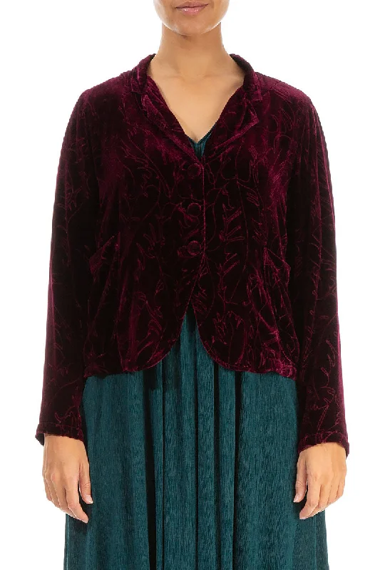 Buttoned Devoré Feather Magenta Silk Velvet Jacket