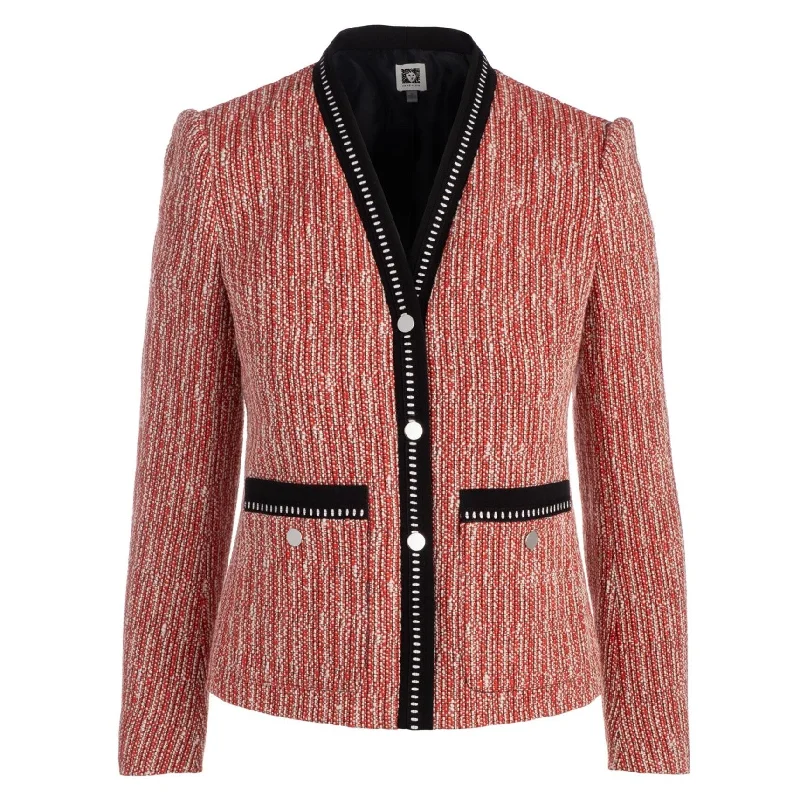 Anne Klein Womens Tweed Cardigan Three Button Blazer Jacket, Red, 0