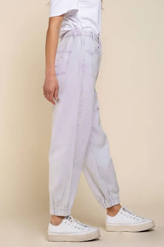 Distressed Twill Belt Waist Back Elastic Joggers In Lavender