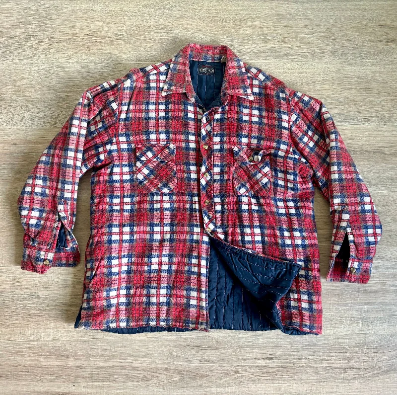 Large - Vintage 80s Quilt Lined Red/White/Blue Plaid Flannel Button-Up Shirt / Jacket / Shacket