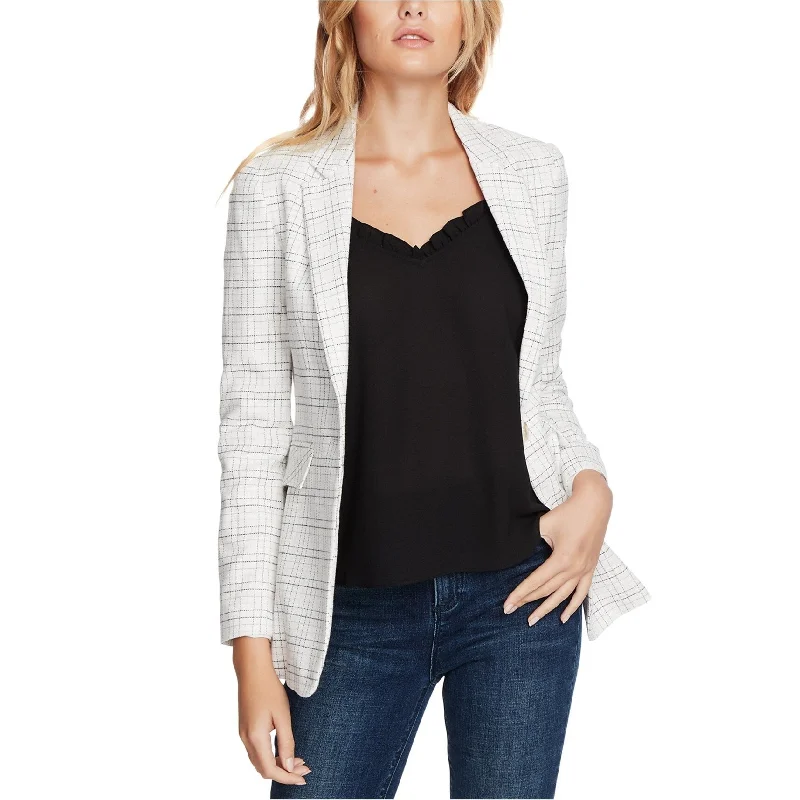 1.STATE Womens Plaid One Button Blazer Jacket, White, 14