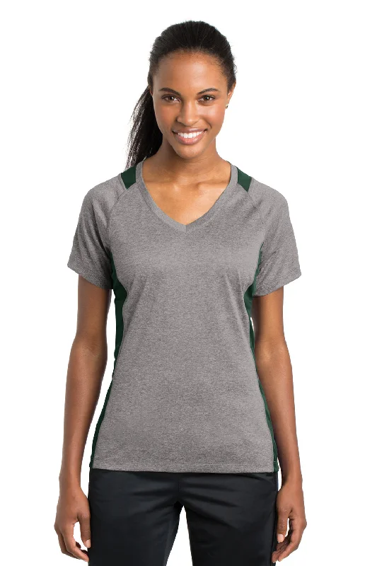 Sport-Tek Womens Contender Heather Moisture Wicking Short Sleeve V-Neck T-Shirt - Heather Vintage Grey/Forest Green - Closeout