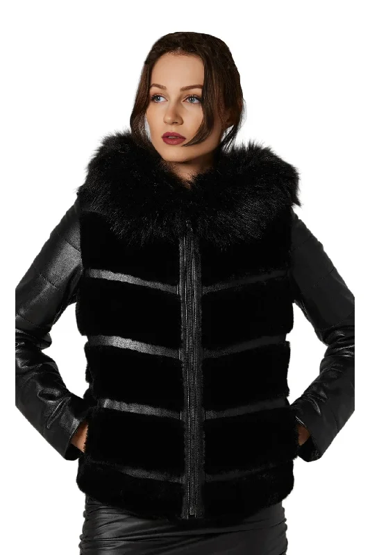 Kinsley Black Women Front Fur Leather Jacket With Hood