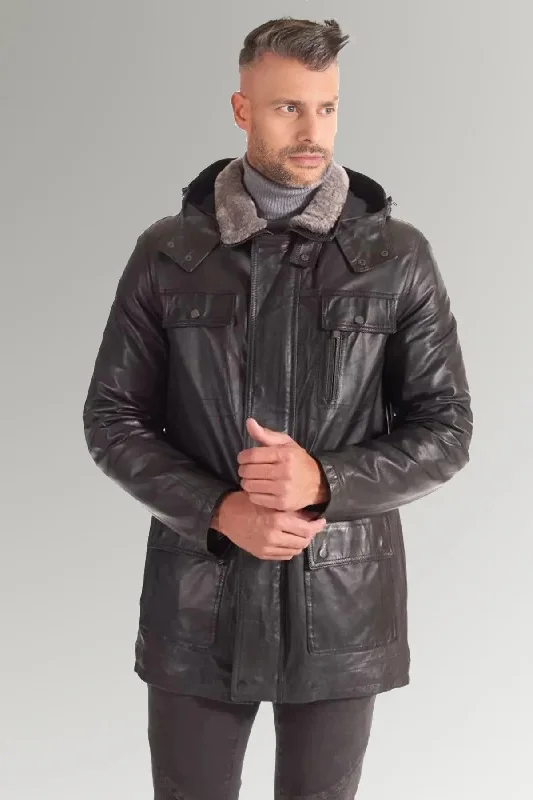 Zane Dark Brown Lather Coat With Hood For Men