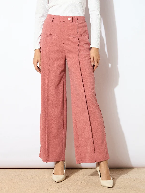 Women Peach Front Pleated Straight Fit Trousers