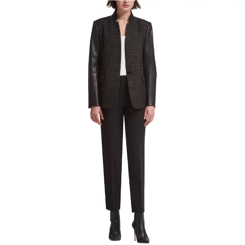 DKNY Womens Mixed Media One Button Blazer Jacket, Black, Medium