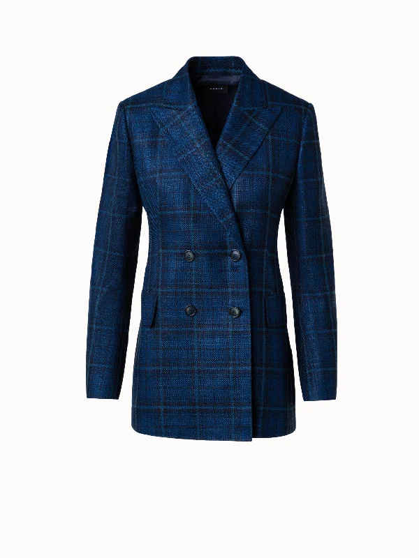 Long Checked Double-Breasted Jacket in Cotton Silk