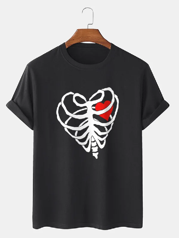 Mens Casual Heart-Shaped Skeleton Cotton Hem Cuff T-Shirt