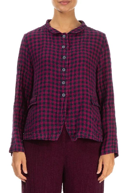 Buttoned Magenta Check Linen Jacket