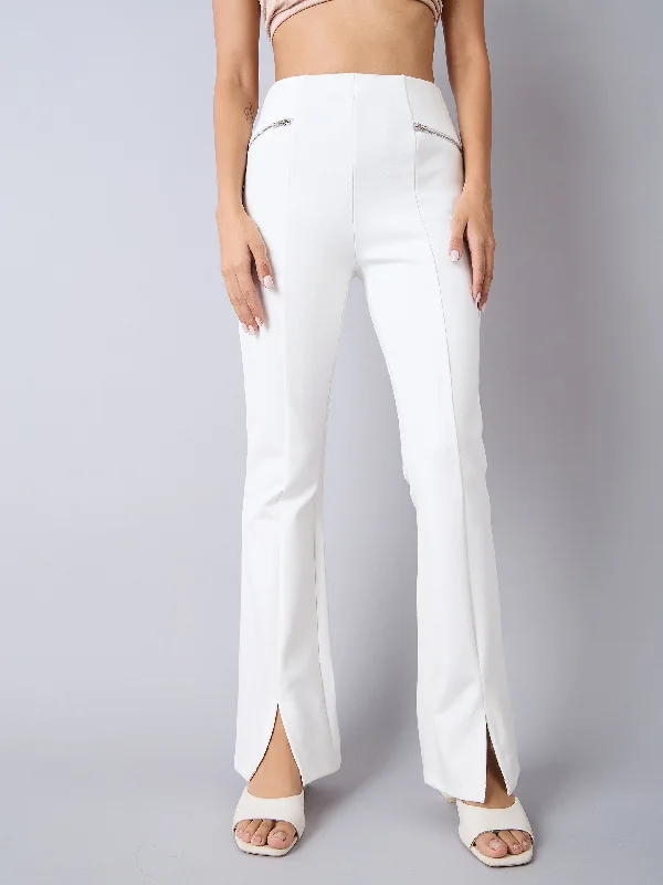 Girls White Front Slit Bell Bottom Zipper Detail Pants