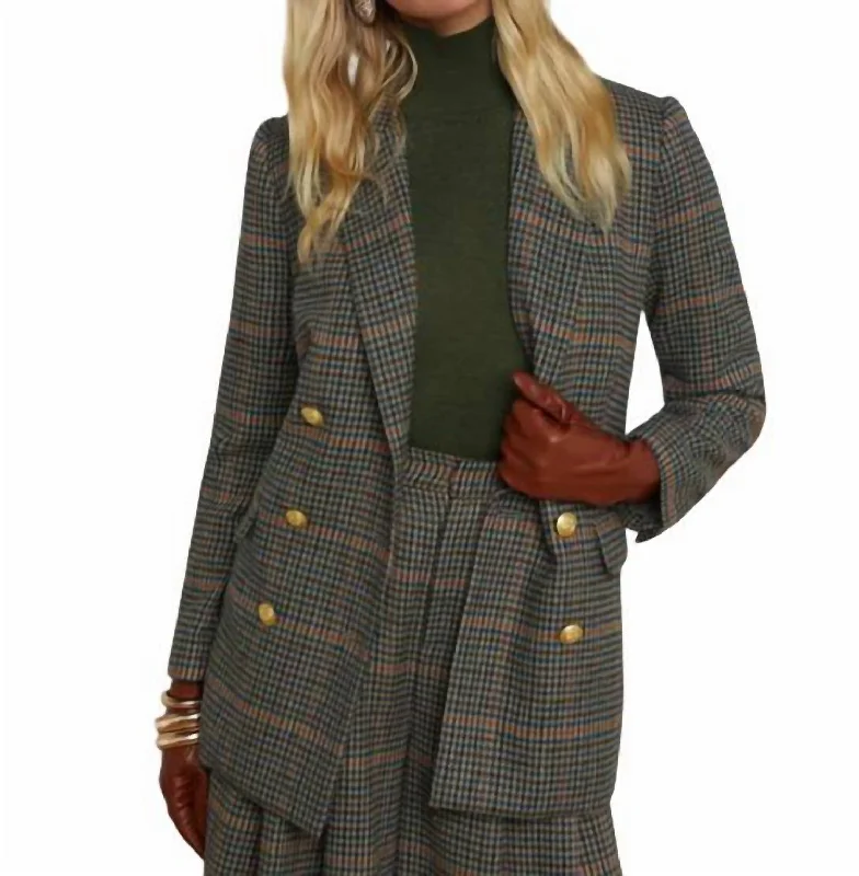 Aimee Relaxed Double Breasted Breast Blazer In Tan/teal Plaid