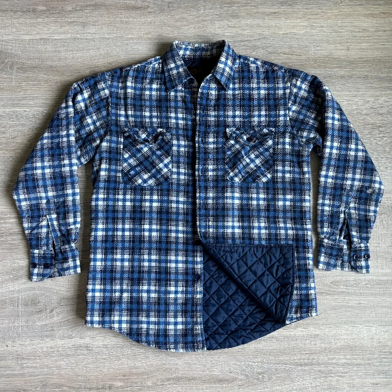 Large - Vintage 80s Grizzly Quilt Lined Blue/White Plaid Flannel Button-Up Shirt / Jacket / Shacket