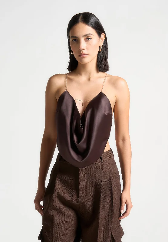 Satin Cowl Neck Top with Chain Detail - Brown