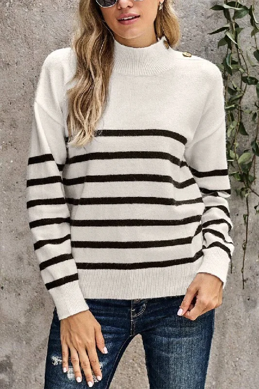 Turtleneck Stripe Button Down Knitted Sweater Pullover