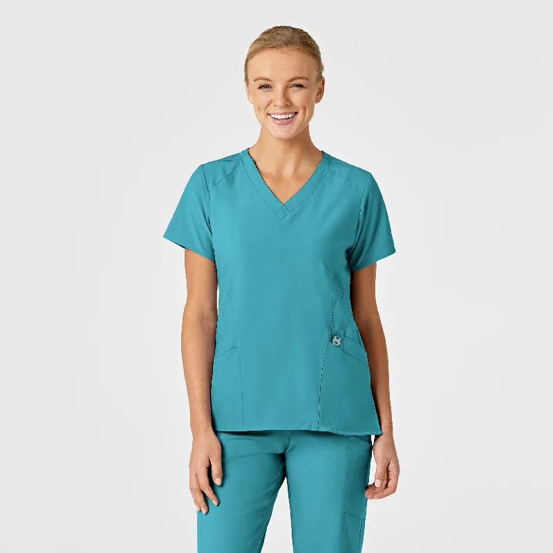 W123 Women's Stylized V-Neck Scrub Top - Teal Blue