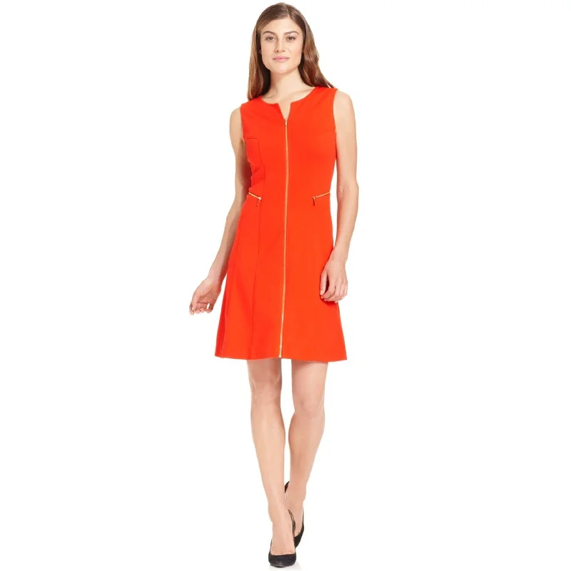 Calvin Klein Womens Full-Zip Fit & Flare Dress, Red, Small