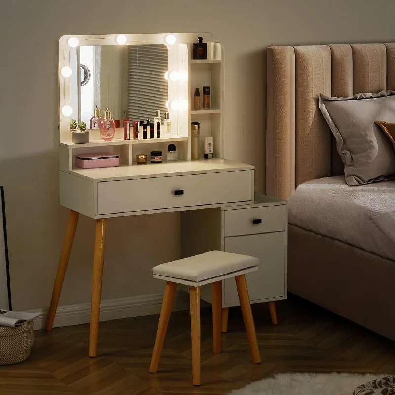 Dressing Table with LED Mirror,Light Adjustable Brightness,Padded Stool Set,Cosmetic Table with Drawer and Storage Cabinet