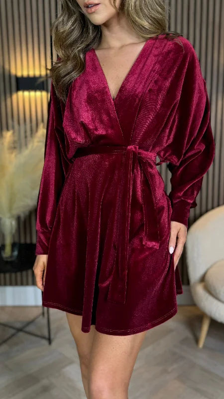 Izzie Burgundy Velvet Wrap Look Mini Dress