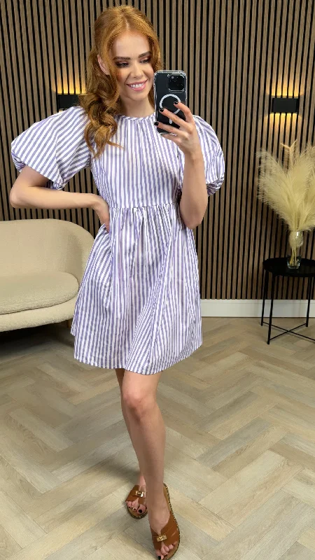 Lee Lilac & White Striped Puff Sleeve Smock Mini Dress