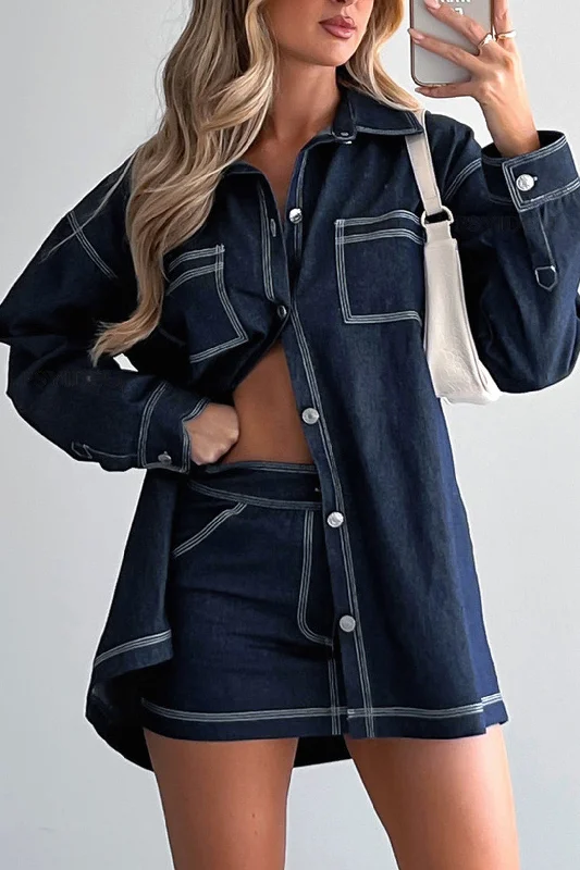 Denim Topstitching Chest Pocket Shirt And Mini Skirt Set