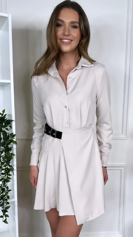 Sam Beige Collared Belted Mini Dress